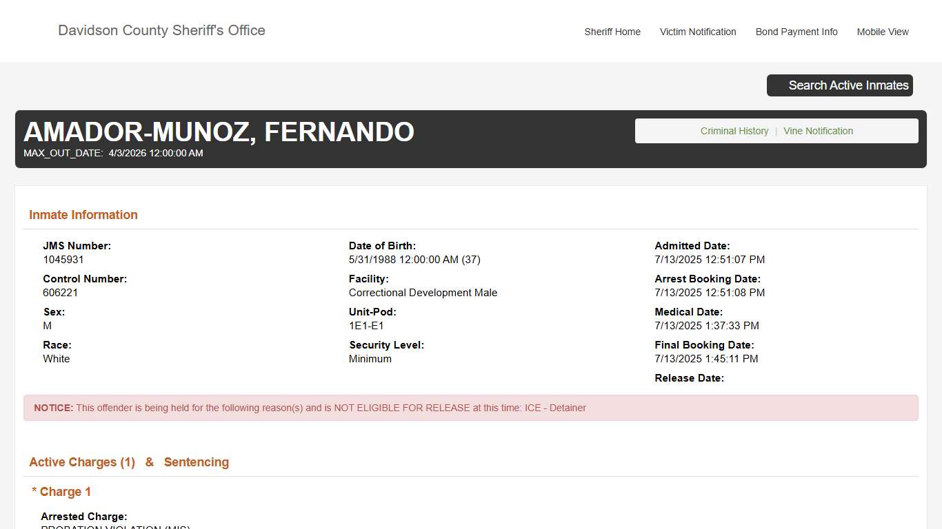 Davidson County Sheriff - Active Inmate Search