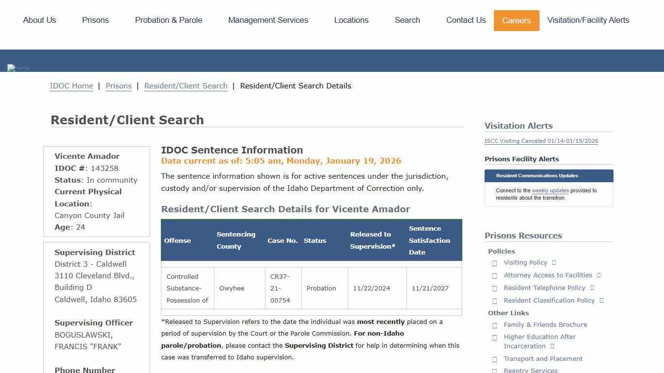 Resident/Client Search Details | Idaho Department of Correction